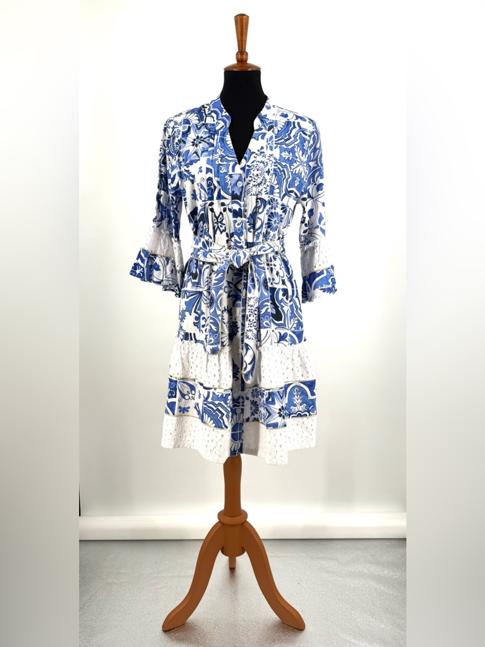 Boston Proper Positano Chic Tiles Print Eyelet-Inset Tiered A-Line Dress Size 10